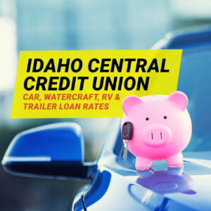 Piggy Bank sitting on the car, with the text - Idaho Central Credit Union (ICCU) Car & Vehicle Loan Rates