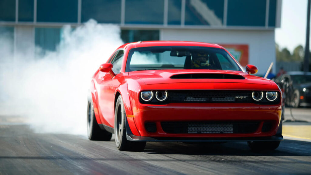 2018 Dodge Demon doing burnouts on a track