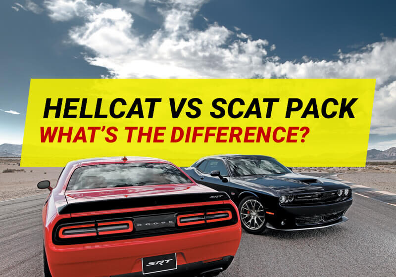 Dodge Challenger hellcat vs scat pack on road.