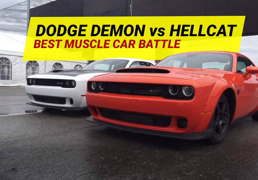 A Dodge Challenger Demon and Hellcat parked side by side.